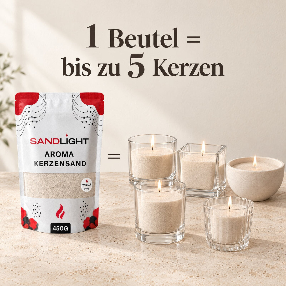 Ein Beutel Sandlight Kerzensand ergibt bis zu fuenf Kerzen