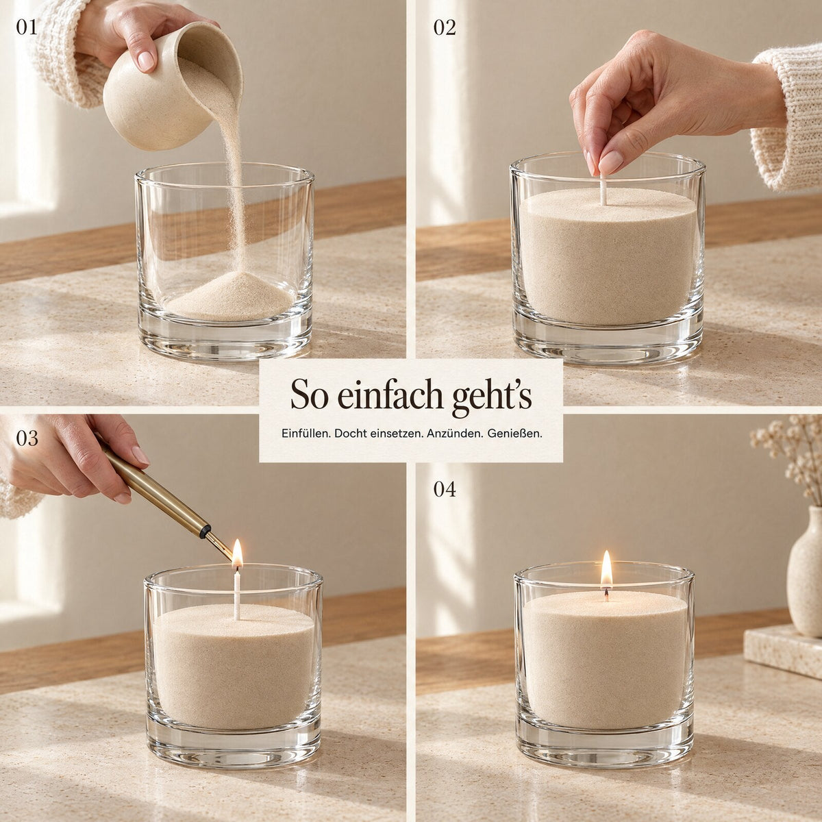 So einfach geht es: einfuellen, Docht einsetzen, anzuenden, geniessen
